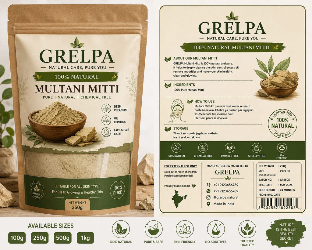 Grelpa Pure Multani Mitti Face Pack – 200g | 100% Natural Fuller's Earth
